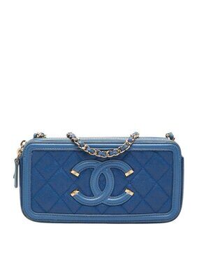 Chanel CC Logo CC Filigree Crossbody Shoulder Bag Blue Caviar Leather
